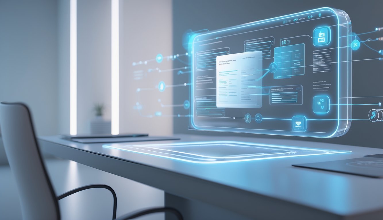 A 3D scene showing a futuristic digital workspace with holographic contract elements and data charts floating above a modern desk in a clean office setting.