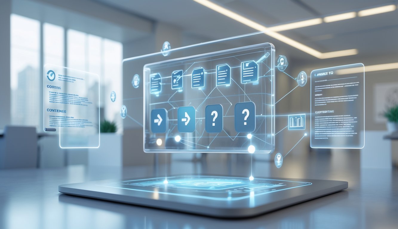 A 3D scene showing a futuristic digital interface with icons representing documents and questions floating in a modern office setting.