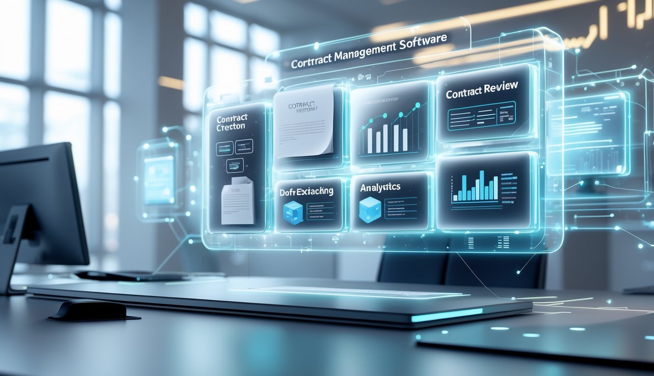A 3D scene showing a futuristic digital workspace with floating holographic panels representing contract management features in a modern office setting.