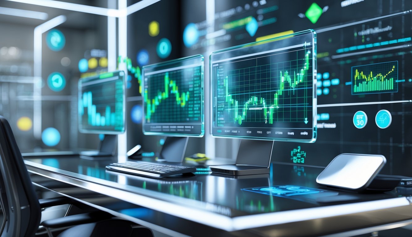 A futuristic workspace with a modern desk and multiple holographic screens showing financial data and investment graphs.