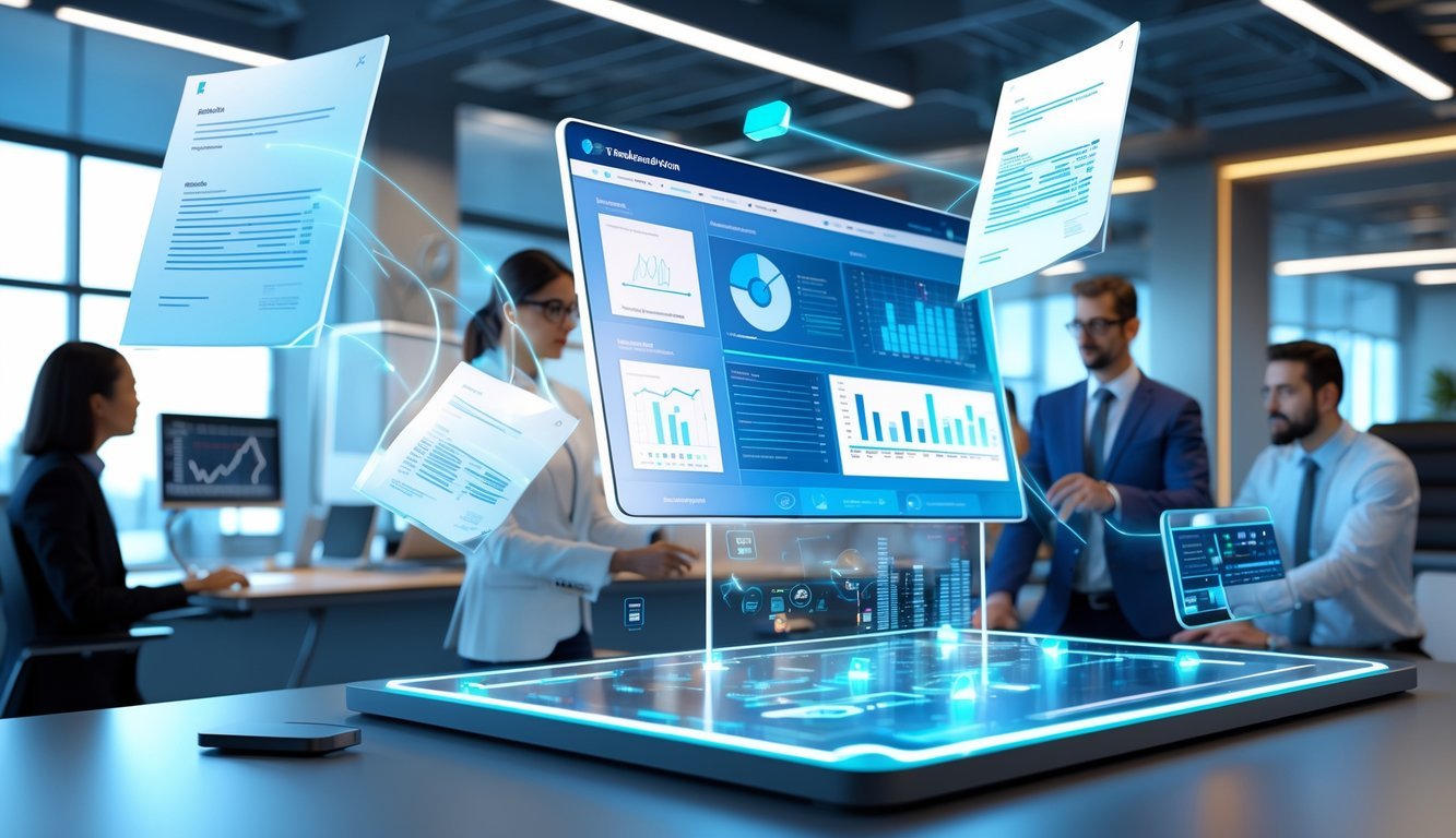 A modern legal office with a digital dashboard showing contract data and legal team members interacting with floating holographic documents and charts.