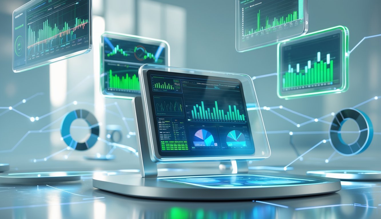 A 3D scene of a futuristic digital workspace with floating holographic screens showing financial charts and data, surrounded by glowing graphs and network nodes.