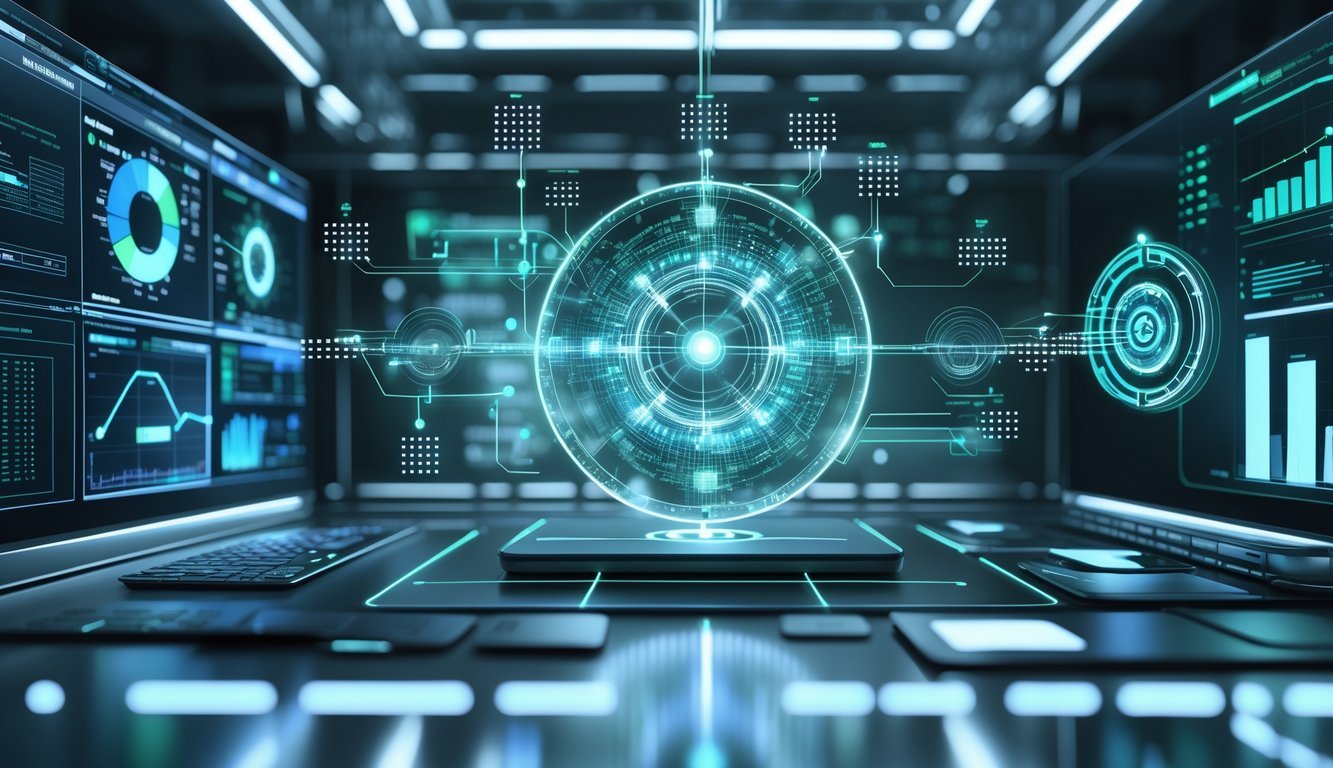 A 3D scene showing a futuristic financial workspace with digital screens, glowing network nodes, and holographic charts representing trading, compliance, and technology systems.
