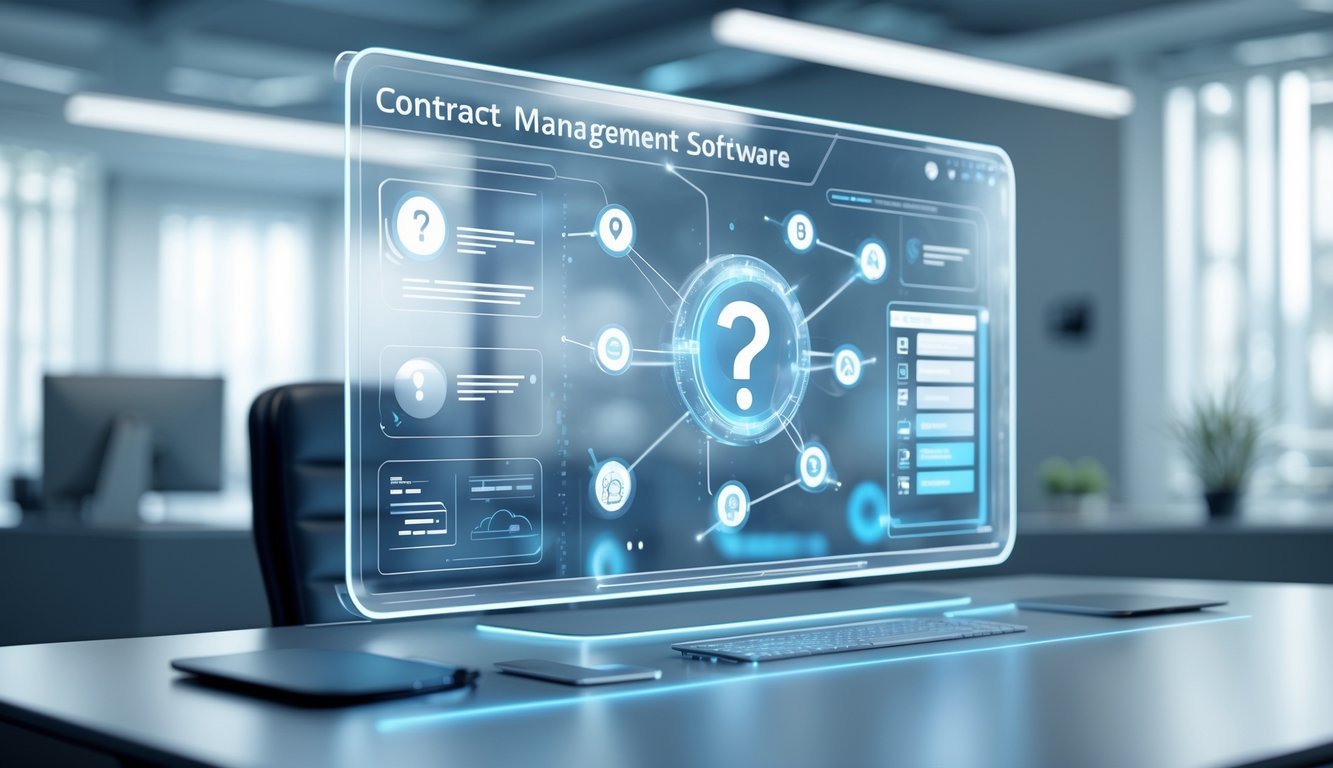 A 3D scene showing a holographic digital interface with contract and document icons floating above a desk in a modern office setting.