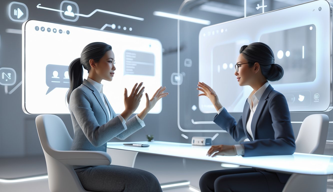 Two people communicating through a video call with one using sign language in a modern office setting.