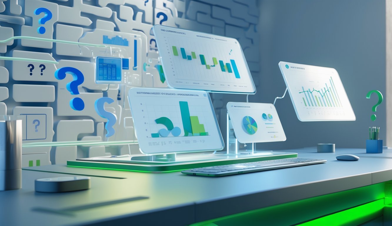 A 3D rendered digital workspace with floating holographic screens showing financial graphs and icons representing investment tools and questions.
