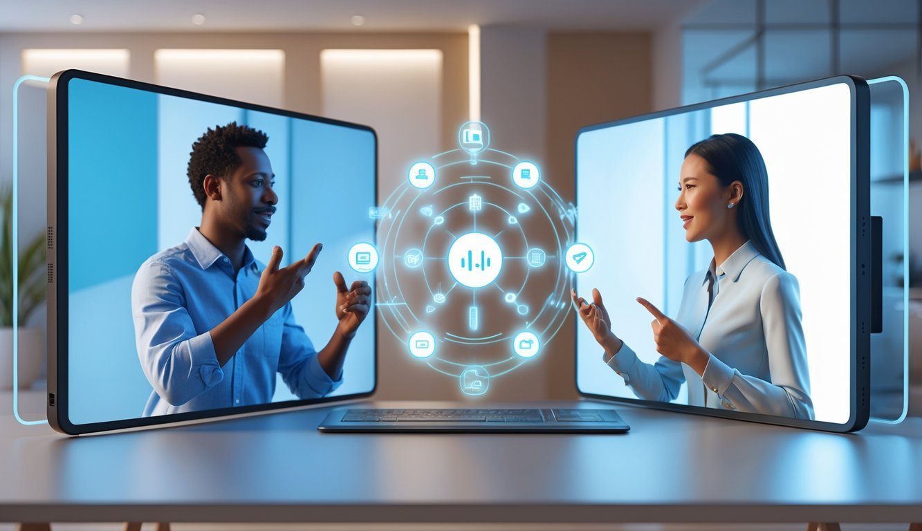 Two people communicating through large digital screens from separate locations, one speaking and the other using sign language, connected by a holographic interface representing remote interpreting.