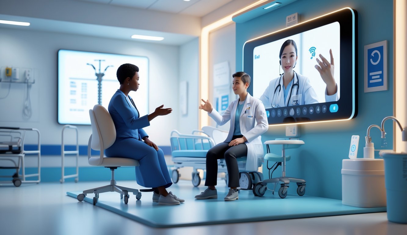 A patient and healthcare professional communicating through a video remote interpreter shown on a screen in a hospital consultation room.