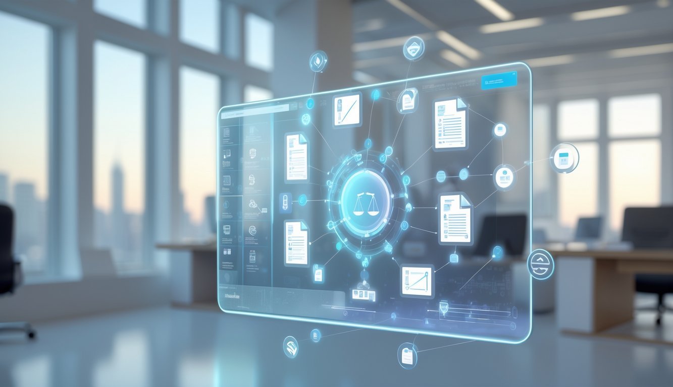 A 3D scene showing a futuristic digital legal platform interface with floating icons for documents and communication, set in a bright office with cityscape windows.