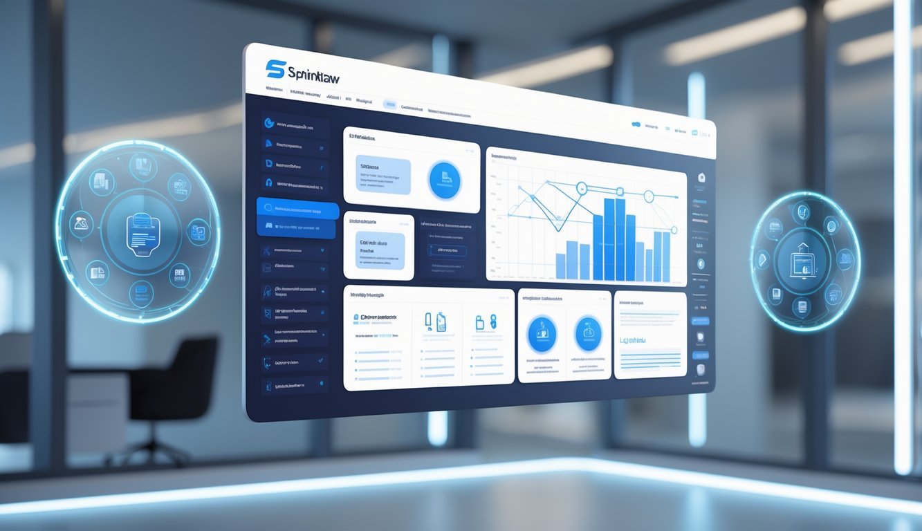 A 3D scene showing a futuristic digital legal platform dashboard with interactive elements and holographic icons representing various legal services in a modern office environment.