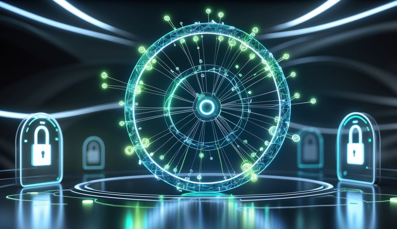 A 3D wireframe wheel with glowing nodes and holographic shields floating in a dark virtual space, symbolizing digital privacy and security.