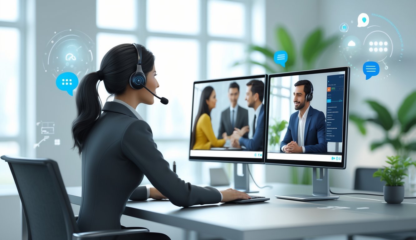 A professional interpreter wearing a headset sits at a desk with computer monitors showing a live video call between two people, in a modern office setting with digital communication icons floating nearby.