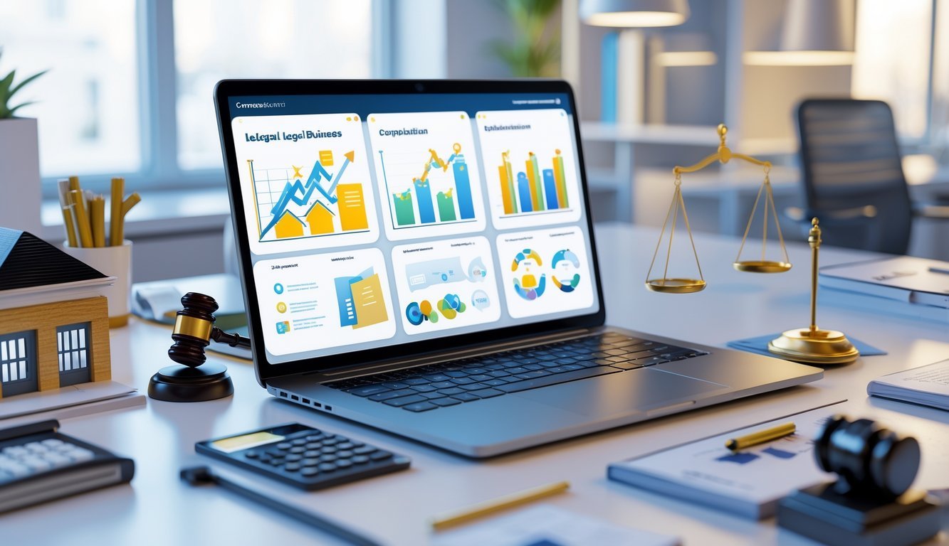 A 3D scene showing a laptop with a legal platform dashboard, surrounded by small business items and legal symbols on a clean office desk.