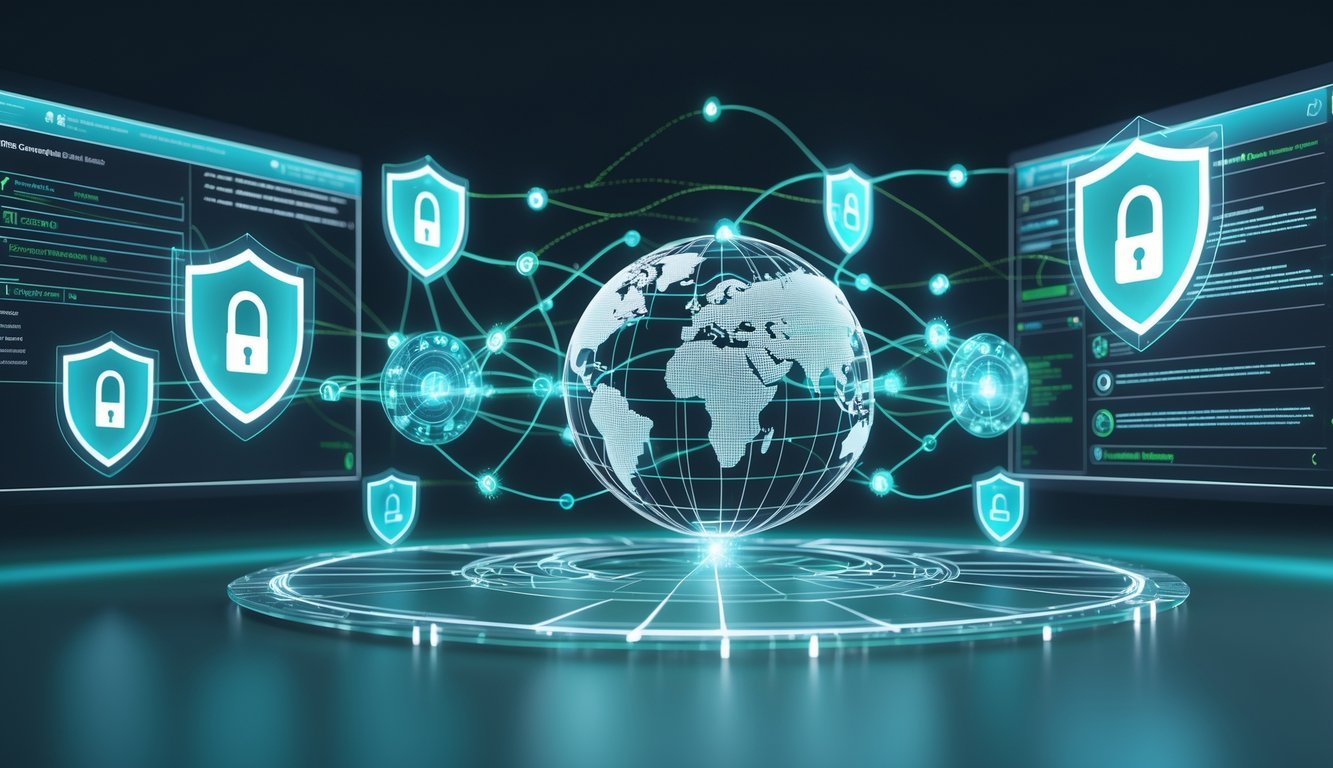 A 3D digital dashboard showing interconnected data nodes, shield icons, and a wireframe globe symbolizing privacy and data protection.