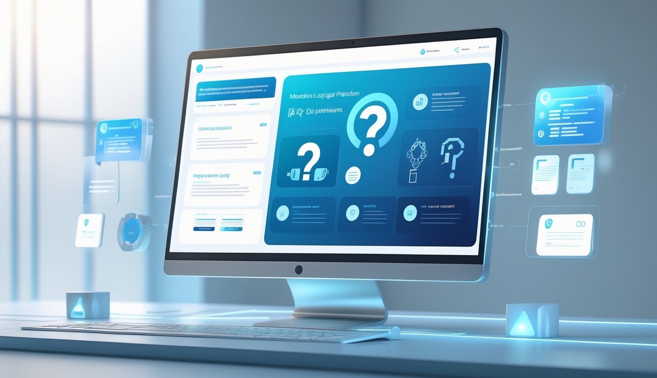 A 3D rendered scene showing a futuristic computer screen with icons representing legal documents and questions in a clean, modern workspace.
