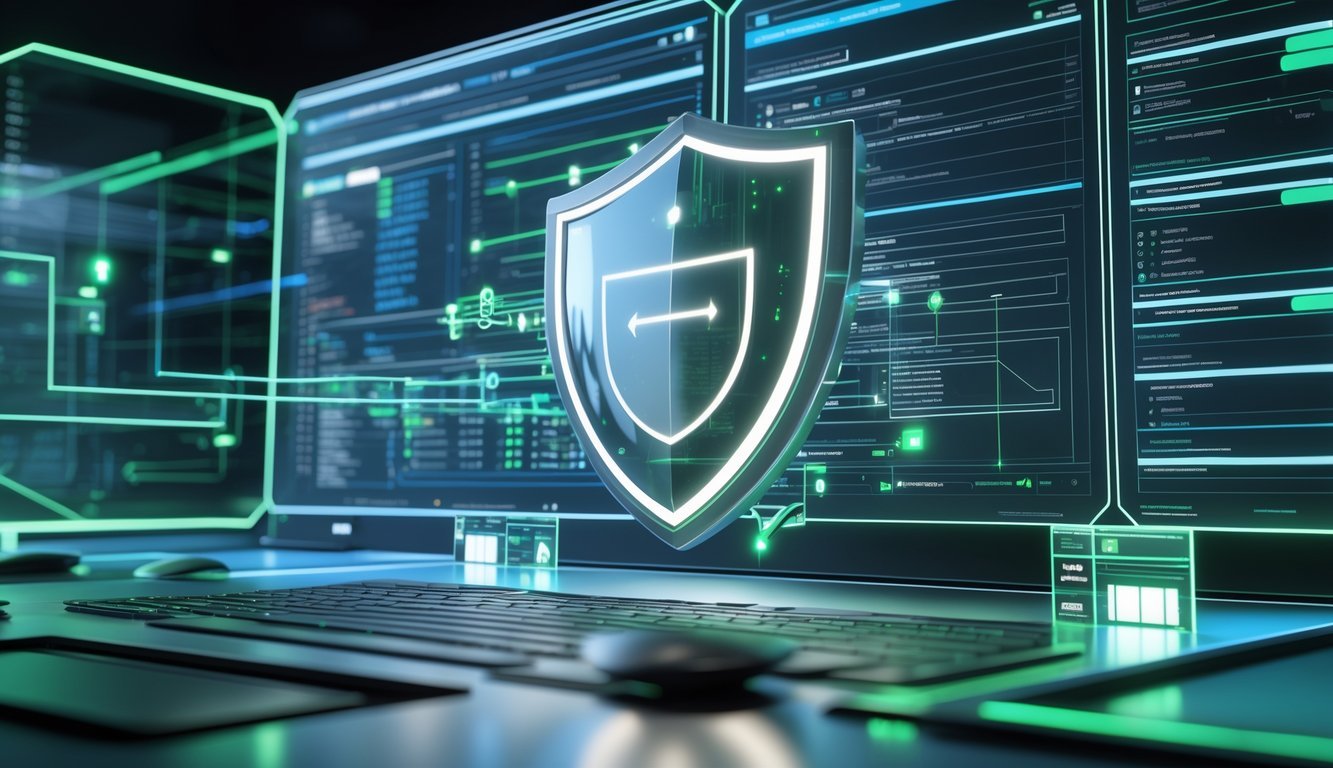 A 3D digital workspace with holographic panels and a glowing shield symbolizing privacy protection connected by flowing data streams.