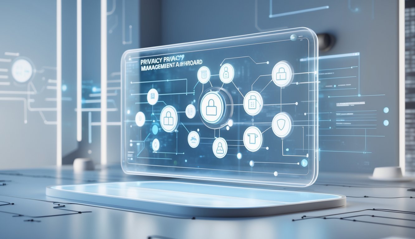 A 3D scene showing a futuristic holographic privacy dashboard with floating circular icons and digital data streams in a modern workspace.