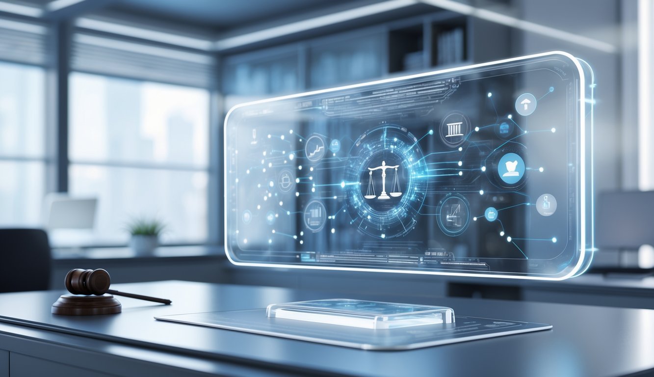 A 3D scene showing a futuristic digital interface with justice icons and data visuals floating above a desk in a modern office.