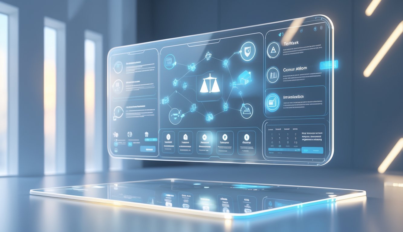 A 3D digital dashboard with floating transparent panels showing icons representing justice, communication, security, and scheduling in a clean, professional setting.