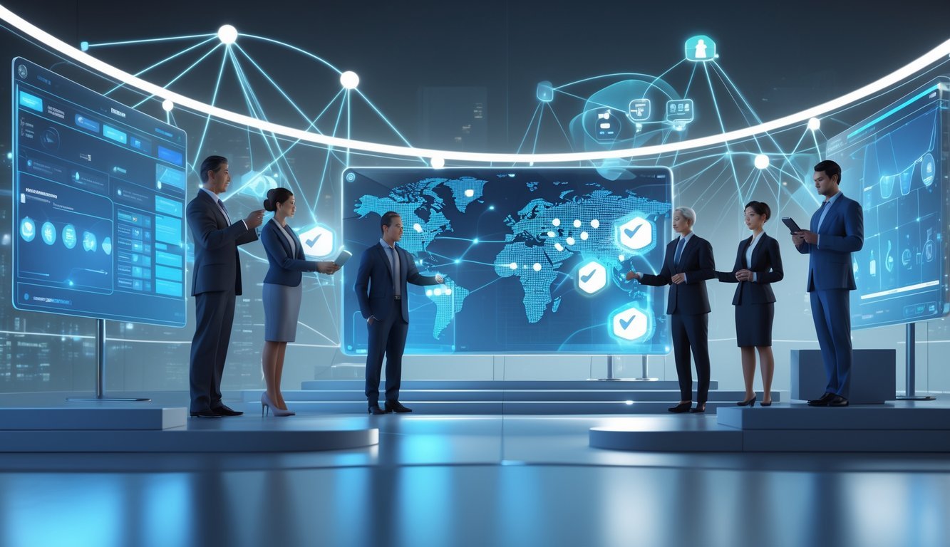 A digital courtroom scene with professionals interacting with floating holographic interfaces showing case data and secure communication, symbolizing efficient and transparent justice software.