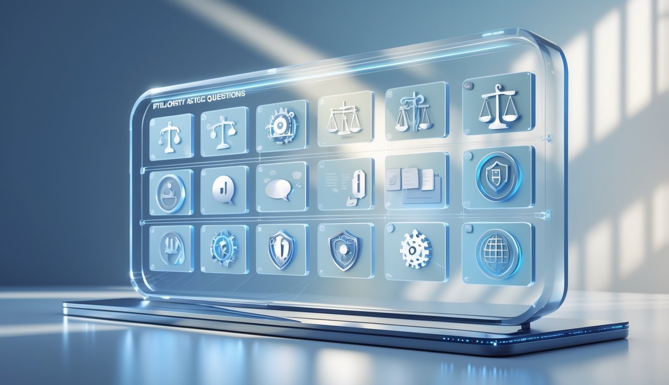 A 3D scene showing a futuristic holographic interface with multiple panels featuring icons related to justice and technology, floating above a desk.