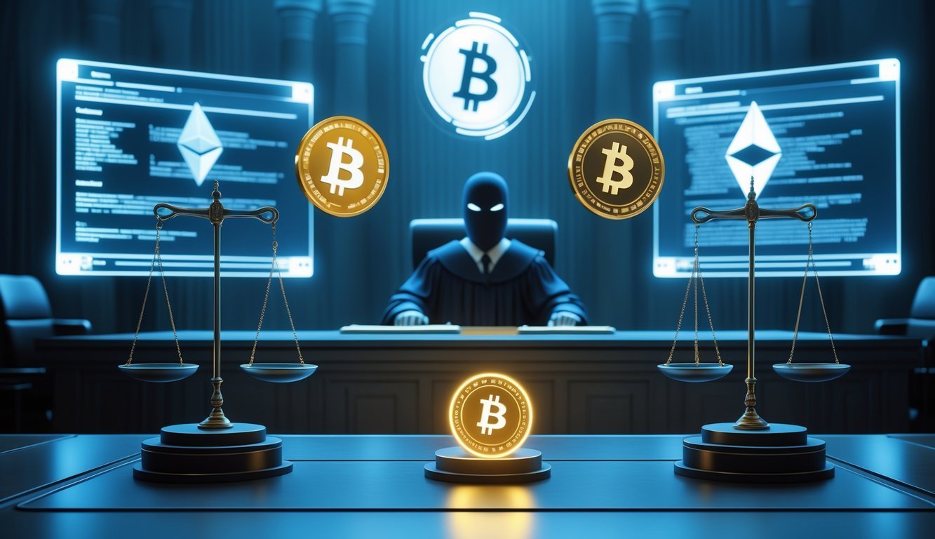 A digital courtroom with floating cryptocurrency symbols, a scale of justice balancing a golden coin and a masked figure, surrounded by holographic legal documents and warning signs.