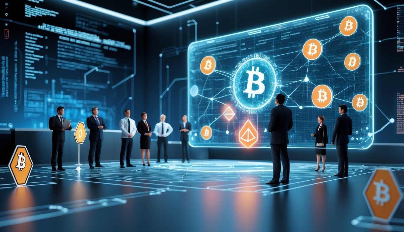A digital courtroom scene with professionals examining holographic blockchain data highlighting fraudulent cryptocurrency activity.