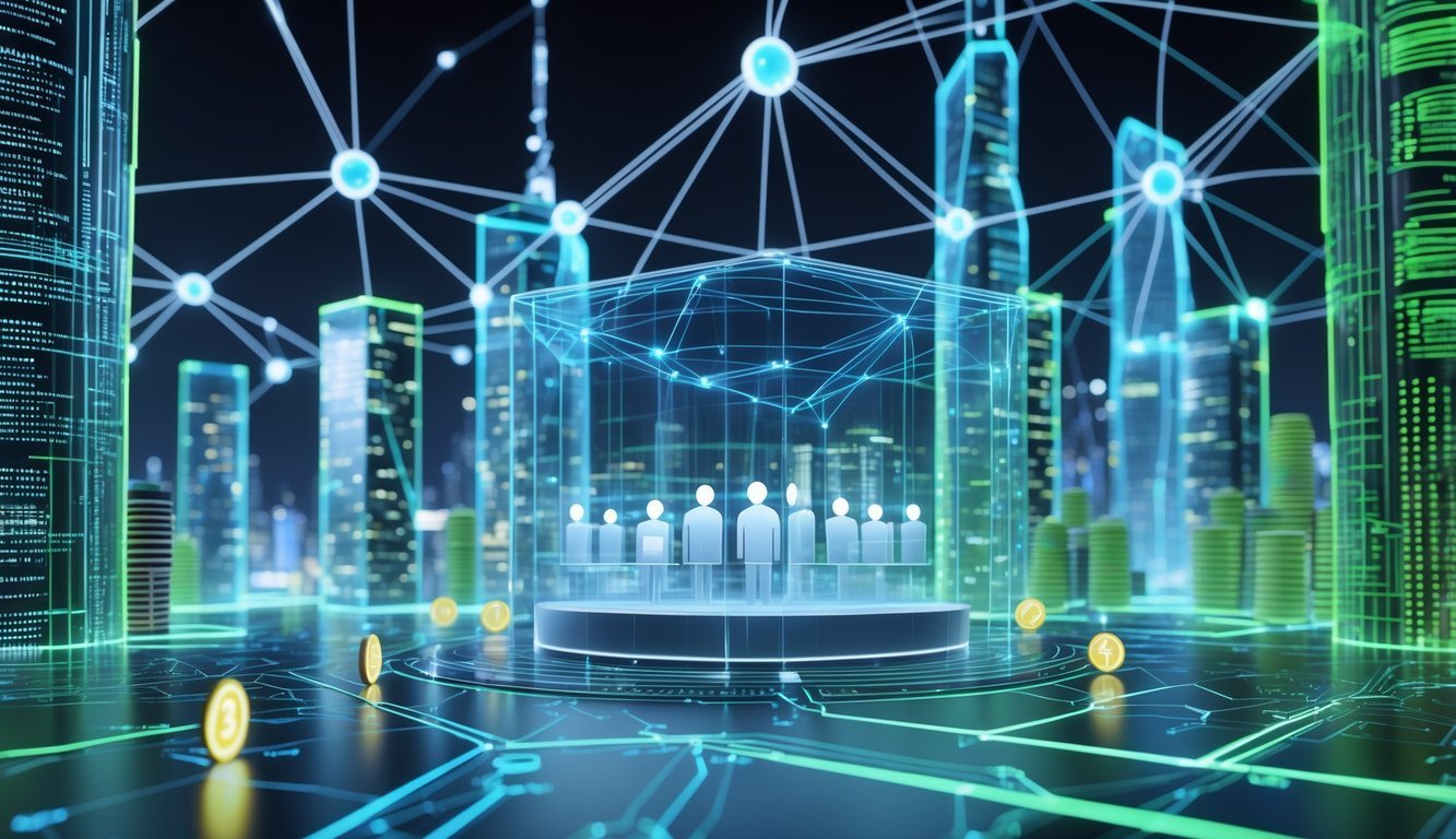 A digital city with glowing blockchain nodes and a holographic courtroom scene representing cryptocurrency platforms and legal cases.