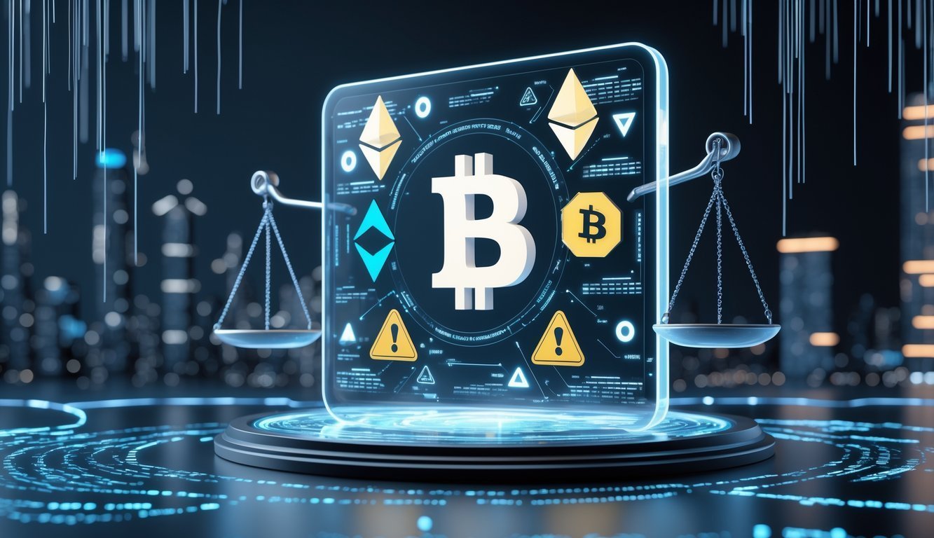 A futuristic digital scene showing holographic cryptocurrency symbols, warning icons, and glowing scales of justice in a high-tech city environment.